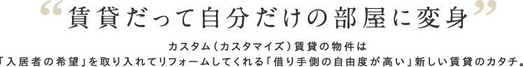 賃貸だって自分だけの部屋に変身 - カスタム（カスタマイズ）賃貸の物件は「入居者の希望」を取り入れてリフォームしてくれる「借り手側の自由度が高い」新しい賃貸のカタチ。